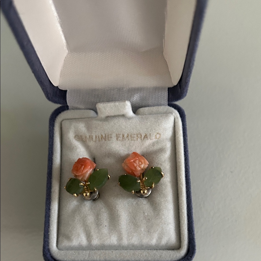 PRICE DROP! Elegant VINTAGE 10k Floral Earrings with Jade  & Coral Pink Accents